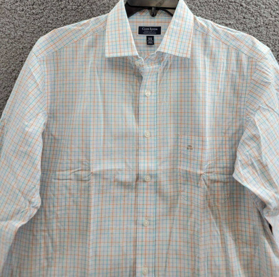 Club Room Regular Fit Performance Dress Shirt Men's 16.5 32-33 Orange/Aqua L/S