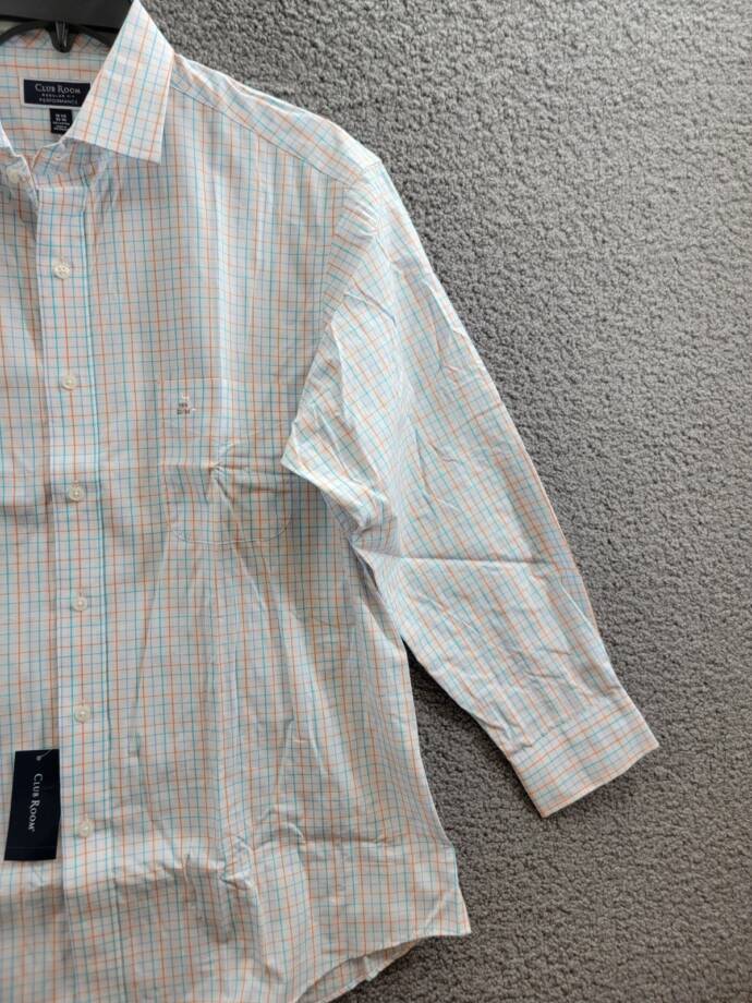 Club Room Regular Fit Performance Dress Shirt Men's 16.5 32-33 Orange/Aqua L/S