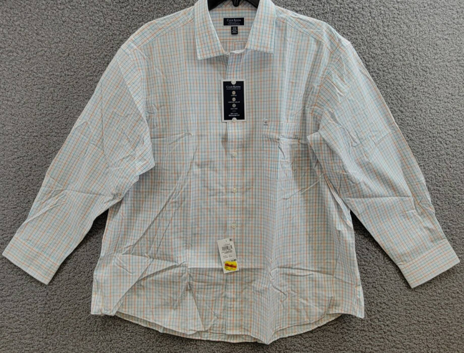 Club Room Regular Fit Performance Dress Shirt Men's 18.5 34-35 Orange/Aqua L/S