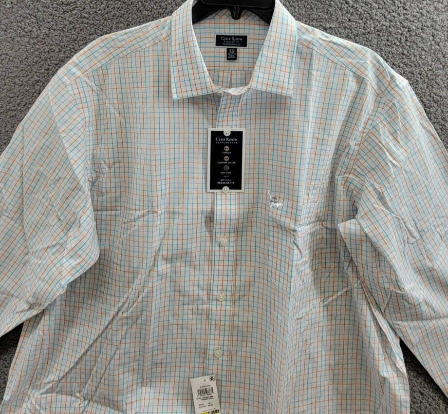 Club Room Regular Fit Performance Dress Shirt Men's 18.5 34-35 Orange/Aqua L/S