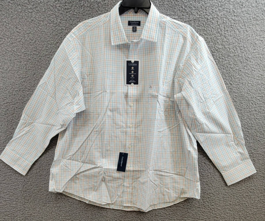 Club Room Regular Fit Performance Dress Shirt Men's 18.5 34-35 Orange/Aqua L/S