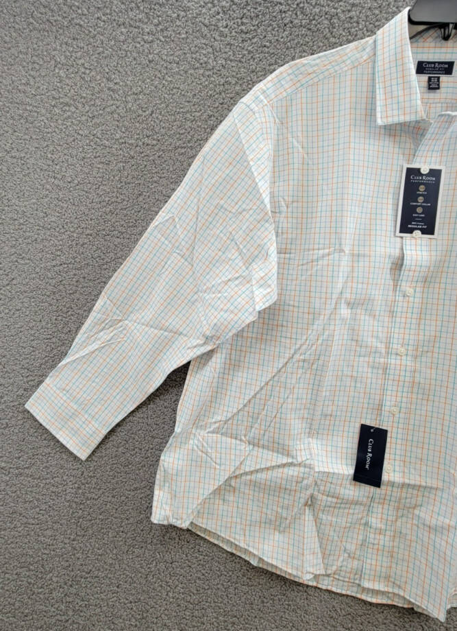 Club Room Regular Fit Performance Dress Shirt Men's 18.5 34-35 Orange/Aqua L/S
