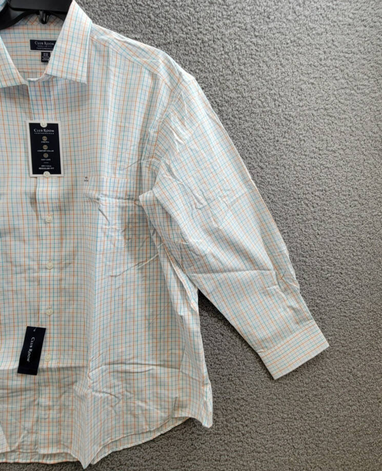 Club Room Regular Fit Performance Dress Shirt Men's 18.5 34-35 Orange/Aqua L/S