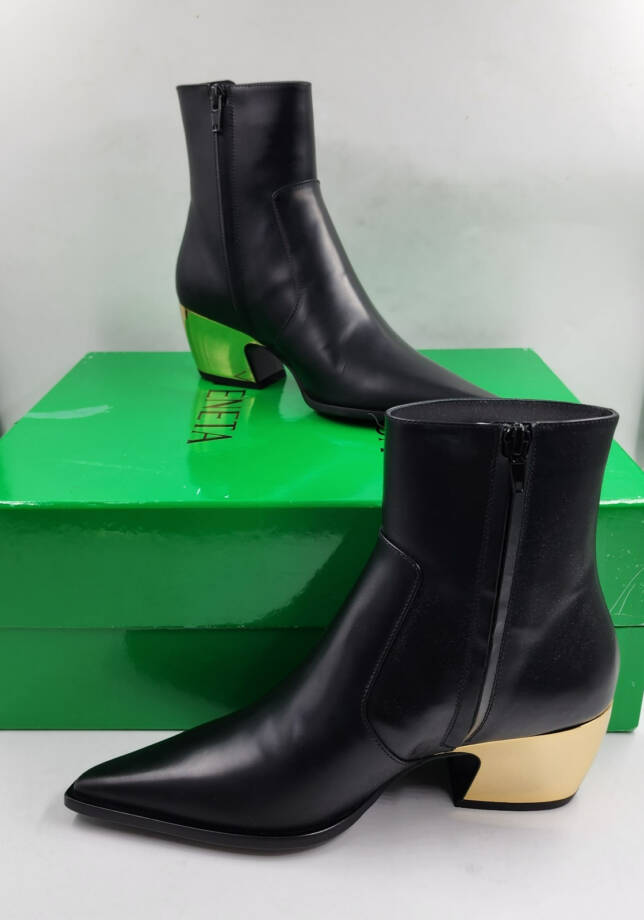 Bottega Veneta Tex Block Heel Booties Women's 36.5/6.5US Black/Gold Side Zip