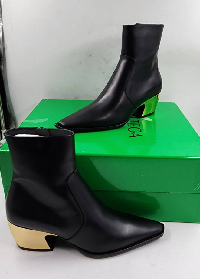 Bottega Veneta Tex Block Heel Booties Women's 36.5/6.5US Black/Gold Side Zip