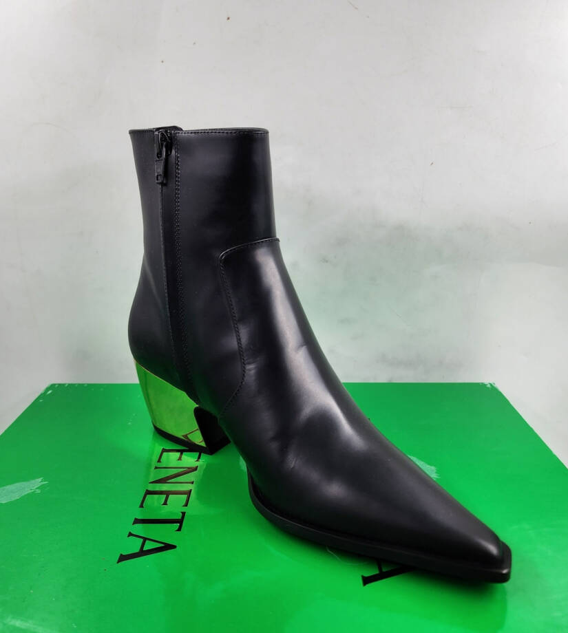 Bottega Veneta Tex Block Heel Booties Women's 36.5/6.5US Black/Gold Side Zip