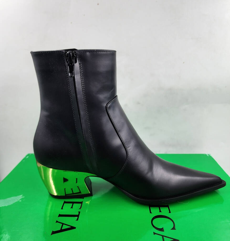 Bottega Veneta Tex Block Heel Booties Women's 36.5/6.5US Black/Gold Side Zip