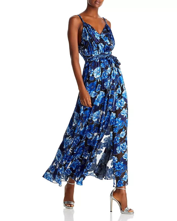 Alice + Olivia Samantha Faux Wrap Maxi Dress Women's 0 Black/Blue Silk Blend