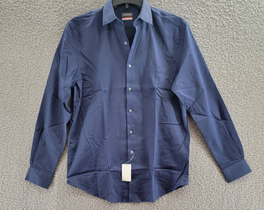 Van Heusen Stain Shield Regular Fit Dress Shirt Men's 15-15.5 34-35 Navy L/S
