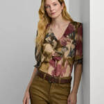 Lauren Ralph Lauren Petite Printed Ruffled Top Womens PXS Tan Multi Button Front