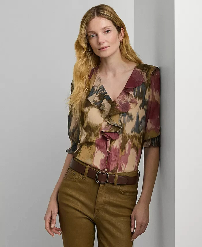 Lauren Ralph Lauren Petite Printed Ruffled Top Womens PXS Tan Multi Button Front