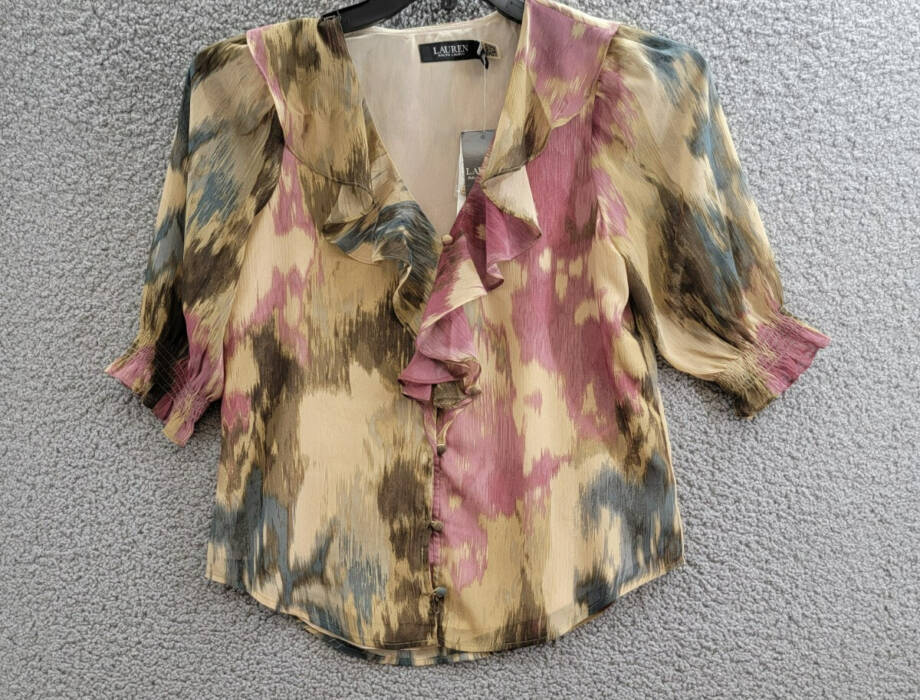 Lauren Ralph Lauren Petite Printed Ruffled Top Womens PXS Tan Multi Button Front