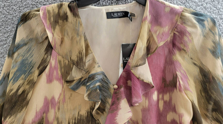 Lauren Ralph Lauren Petite Printed Ruffled Top Womens PXS Tan Multi Button Front