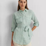 Lauren Ralph Lauren Striped Belted Utility Linen Shirt Women's XS Green/White