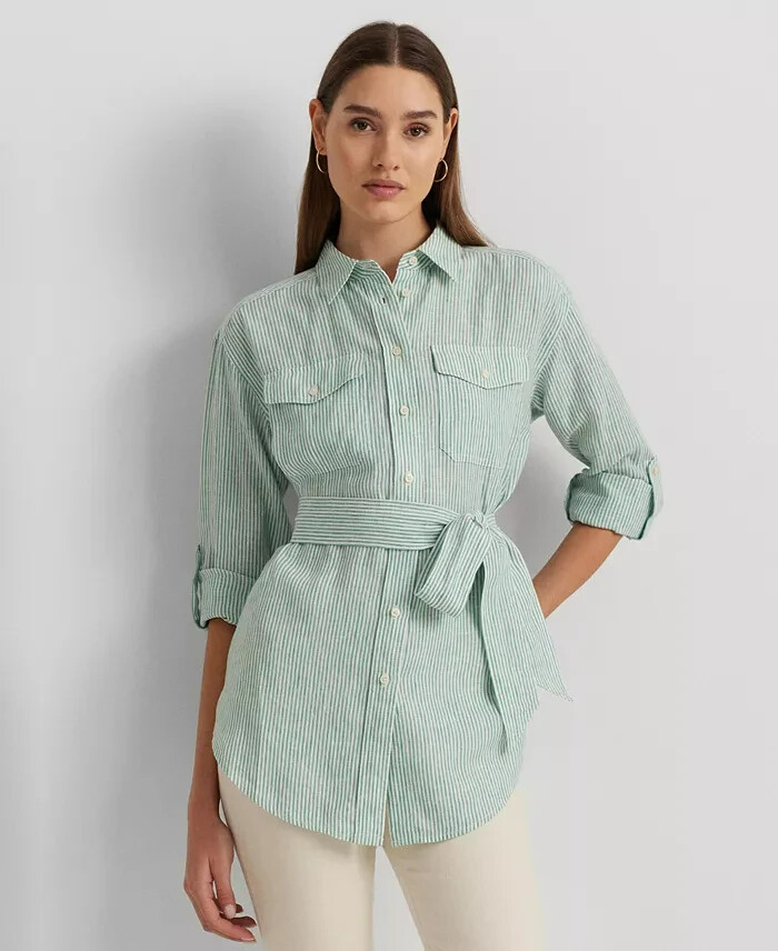 Lauren Ralph Lauren Striped Belted Utility Linen Shirt Women's XS Green/White