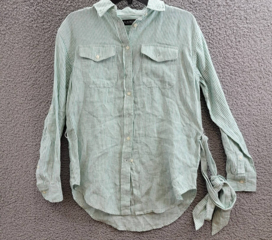 Lauren Ralph Lauren Striped Belted Utility Linen Shirt Women's XS Green/White