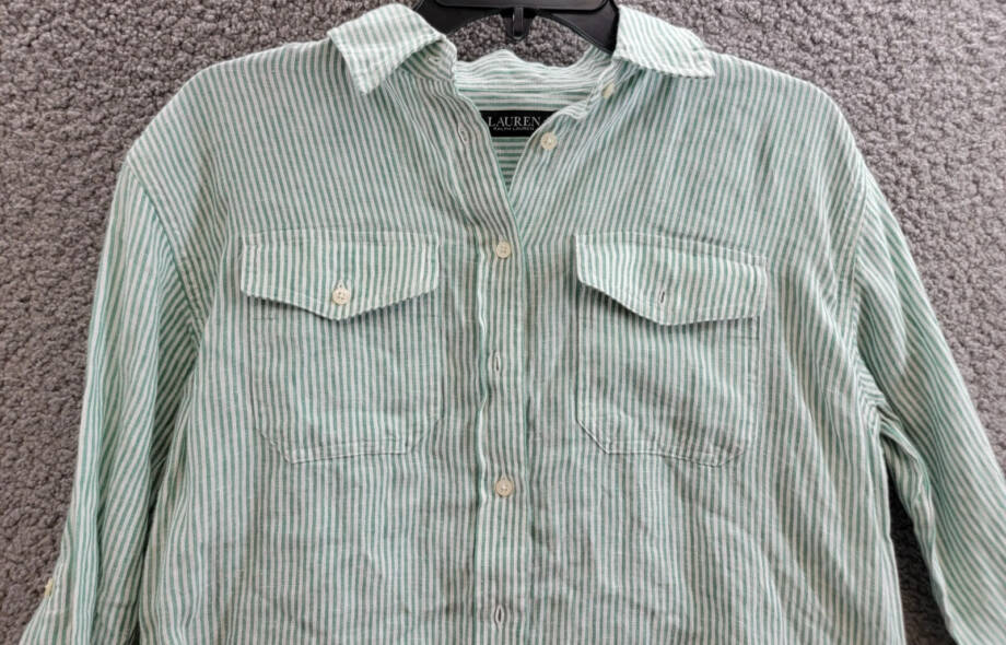 Lauren Ralph Lauren Striped Belted Utility Linen Shirt Women's XS Green/White