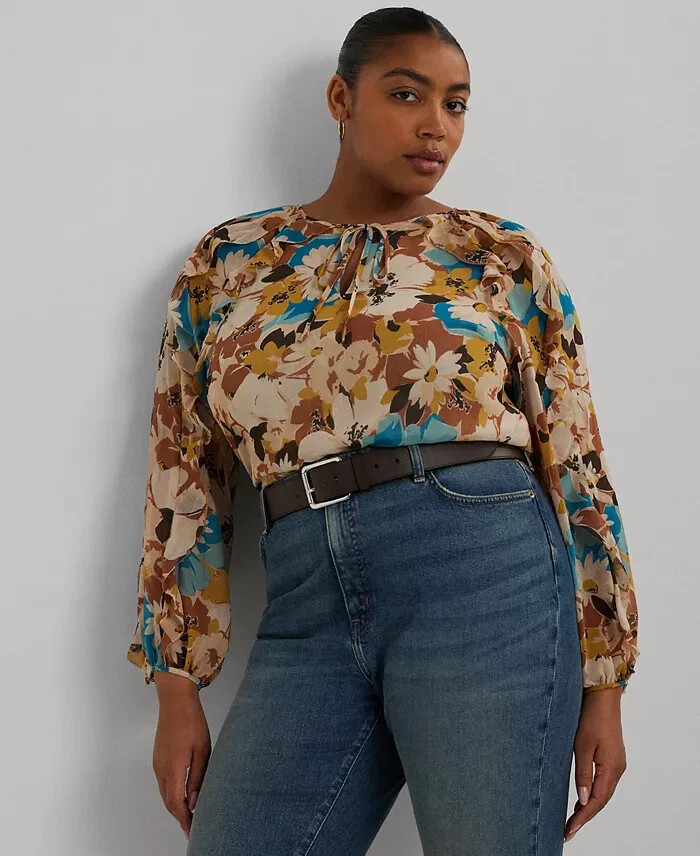 Lauren Ralph Lauren Plus Size Floral Tie-Neck Top Women's 2X White Multi L/S