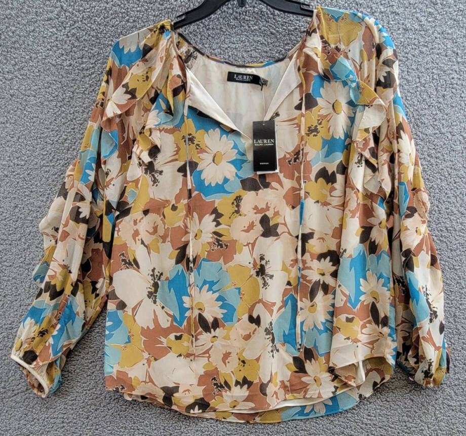 Lauren Ralph Lauren Plus Size Floral Tie-Neck Top Women's 2X White Multi L/S