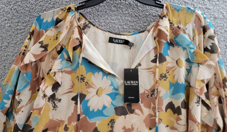 Lauren Ralph Lauren Plus Size Floral Tie-Neck Top Women's 2X White Multi L/S