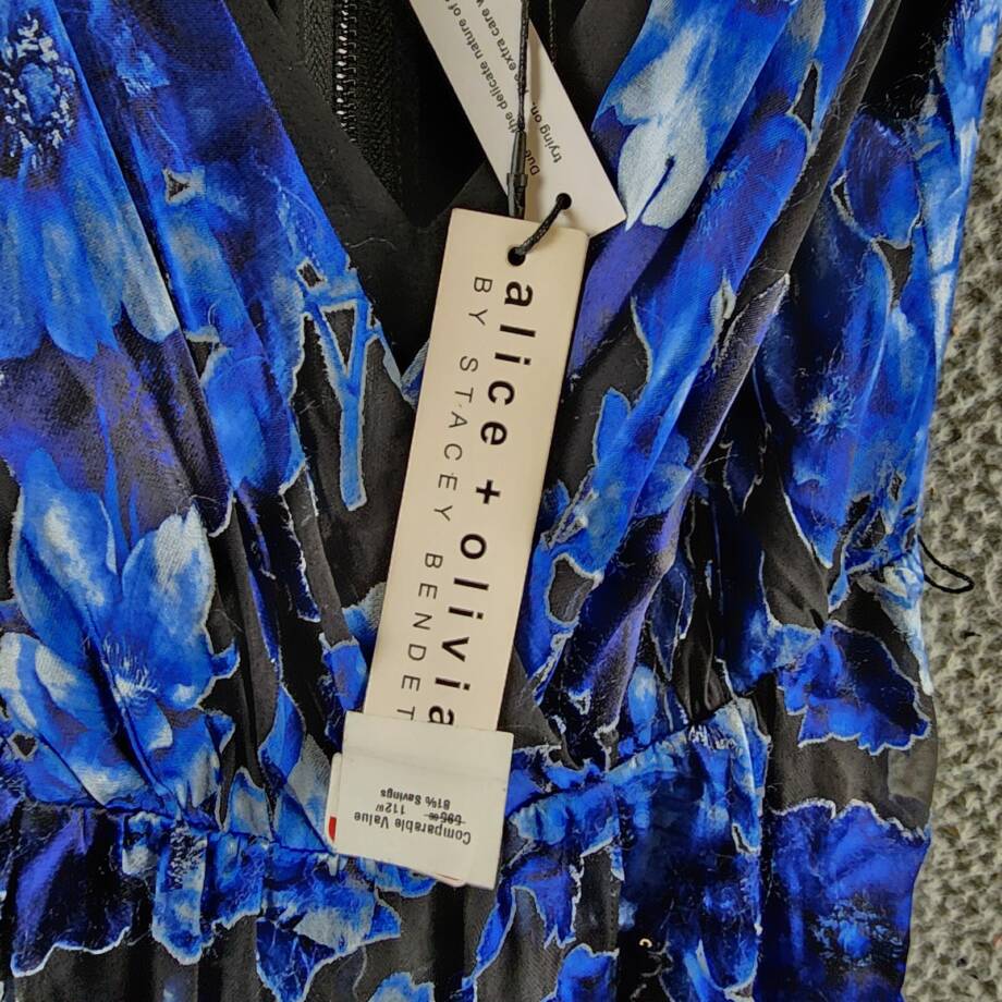 Alice + Olivia Samantha Faux Wrap Maxi Dress Women's 0 Black/Blue Silk Blend