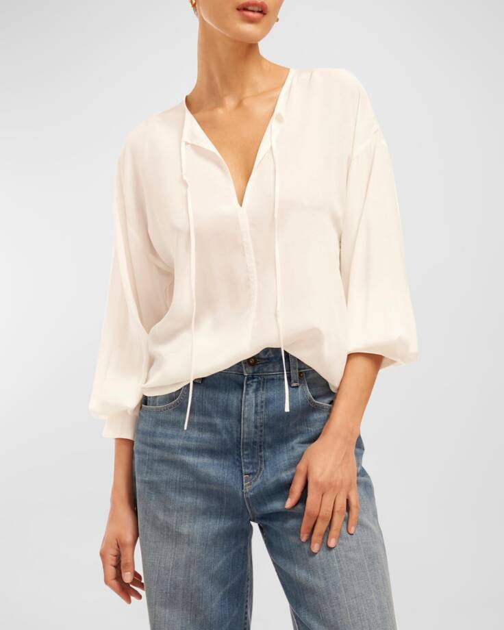 Equipment Femme Hailey Silk Blouse Women's XS Nature White Tie Neck Long Sleeve