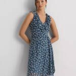 Lauren Ralph Lauren Petite Belted Ruffled Dress Women's 0P Blue Multi Side Zip