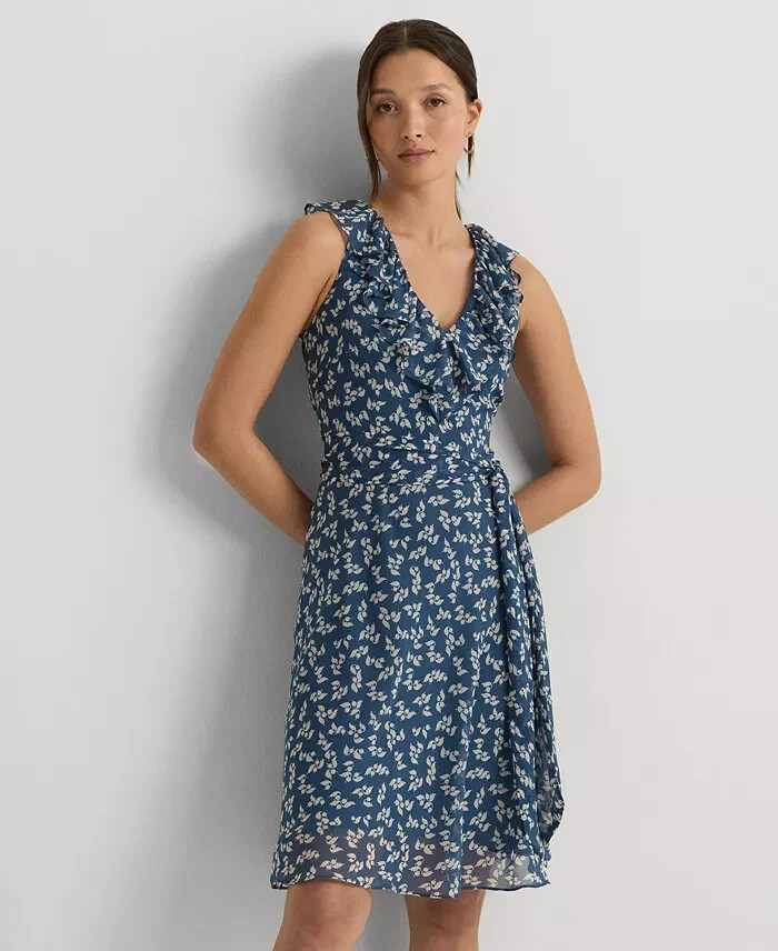 Lauren Ralph Lauren Petite Belted Ruffled Dress Women's 0P Blue Multi Side Zip
