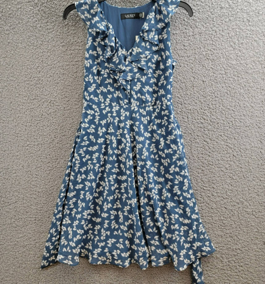 Lauren Ralph Lauren Petite Belted Ruffled Dress Women's 0P Blue Multi Side Zip