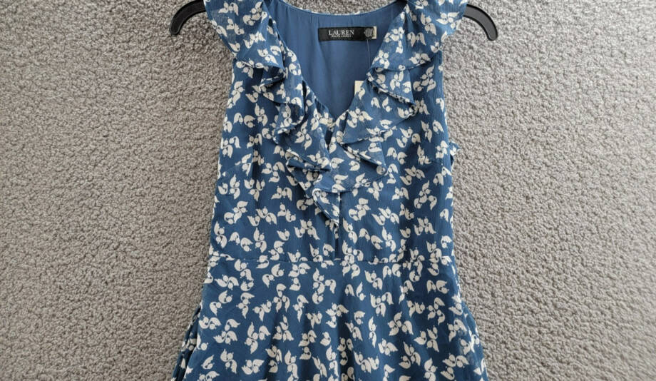 Lauren Ralph Lauren Petite Belted Ruffled Dress Women's 0P Blue Multi Side Zip