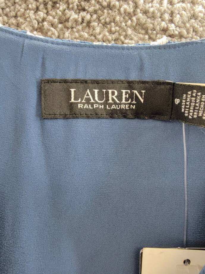Lauren Ralph Lauren Petite Belted Ruffled Dress Women's 0P Blue Multi Side Zip