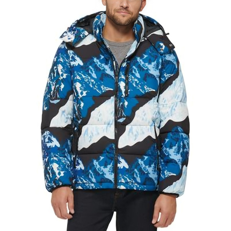 Club Room Stretch Hooded Puffer Jacket Men's XXL Ski Print Full Zip Long Sleeve