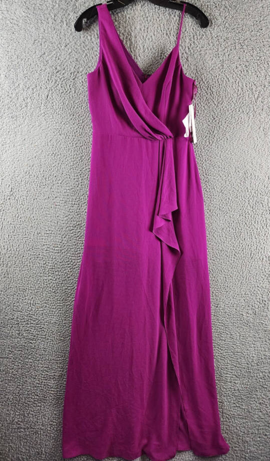 AQUA Asymmetric Overlay Crepe Gown Women's 4 Orchid V-Neck Back Zip Closure
