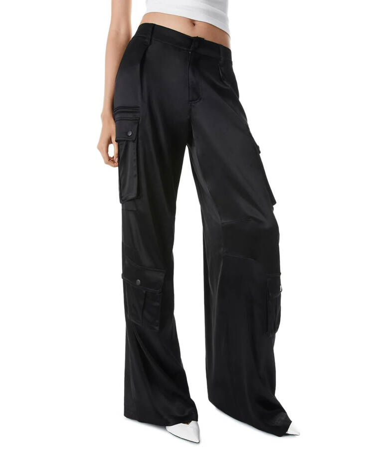 Alice + Olivia Joette Satin Wide Leg Cargo Pants Women's 0 Black Button Zip