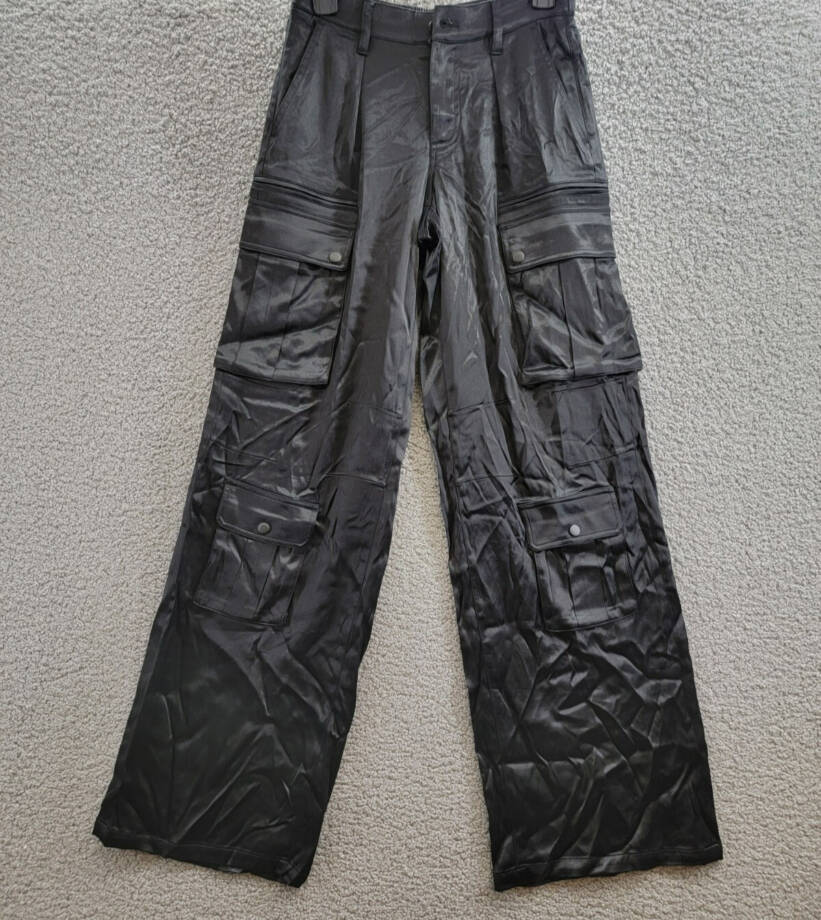 Alice + Olivia Joette Satin Wide Leg Cargo Pants Women's 0 Black Button Zip