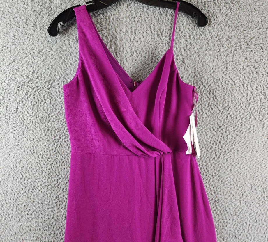 AQUA Asymmetric Overlay Crepe Gown Women's 4 Orchid V-Neck Back Zip Closure
