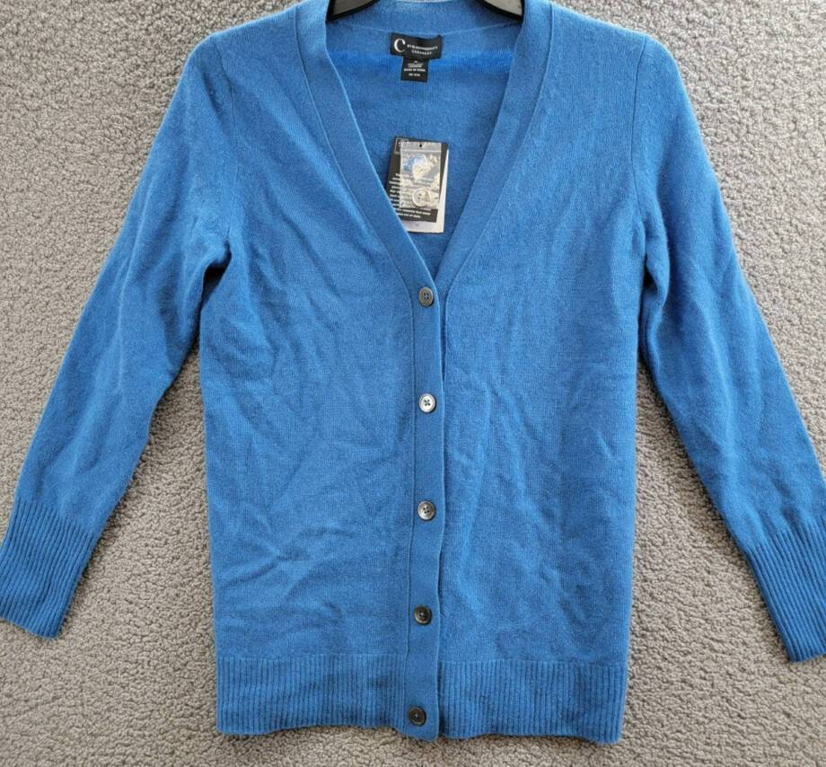 C by Bloomingdale's Cashmere Grandfather Cardigan Women's M Lagoon Long Sleeve