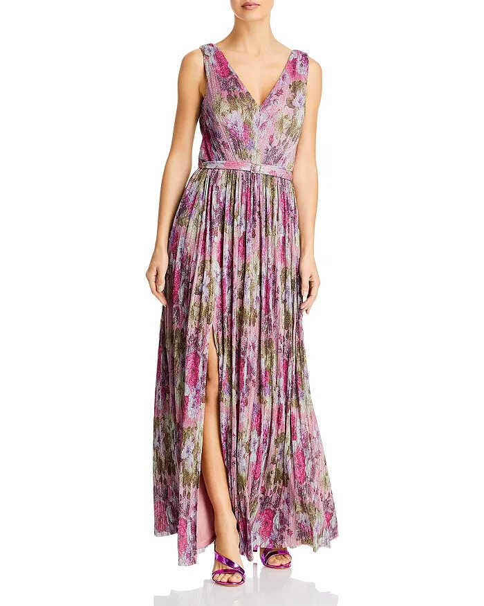 Eliza J Shimmer Belted Maxi Dress Women's 8 Pink Multi Sleeveless Zip Closure