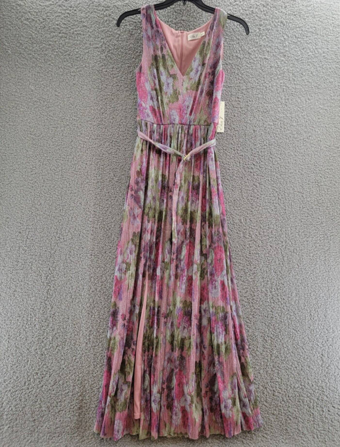 Eliza J Shimmer Belted Maxi Dress Women's 8 Pink Multi Sleeveless Zip Closure