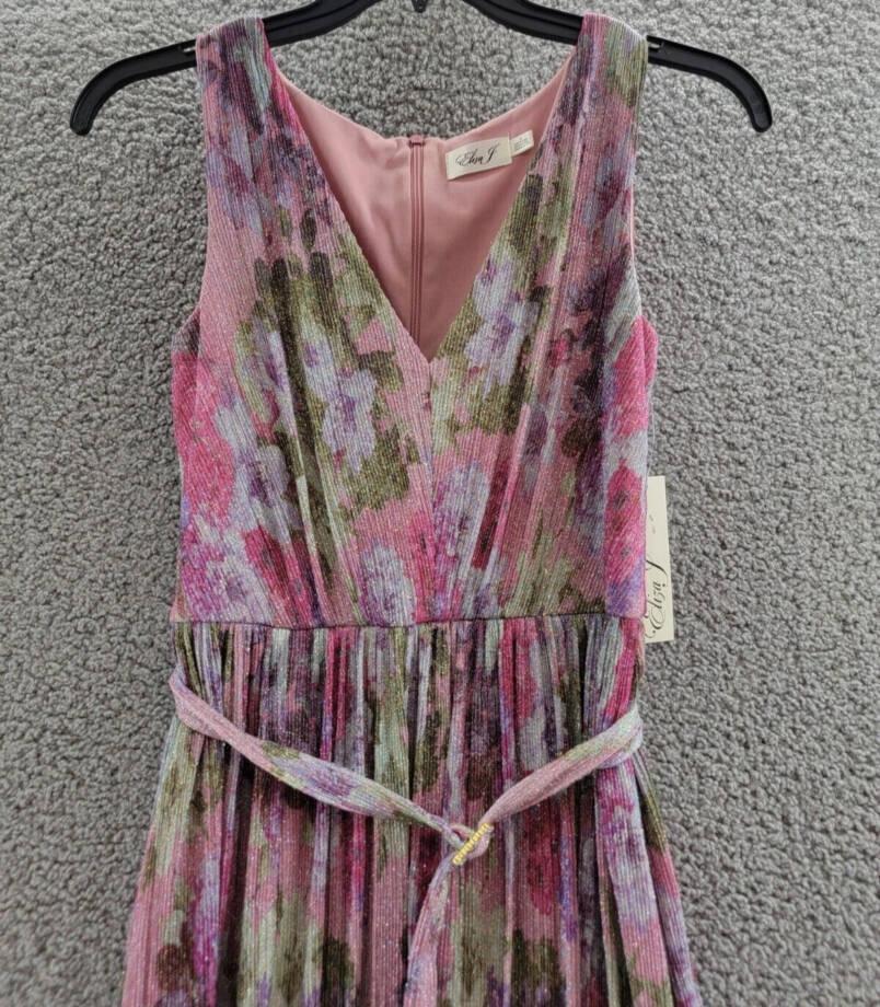 Eliza J Shimmer Belted Maxi Dress Women's 8 Pink Multi Sleeveless Zip Closure