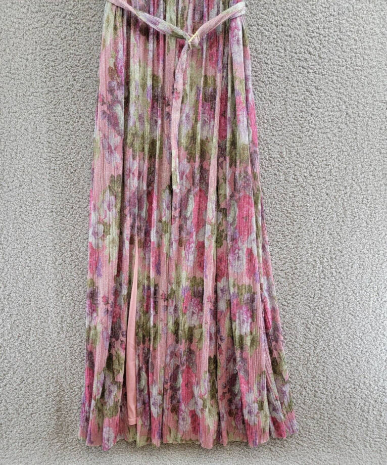 Eliza J Shimmer Belted Maxi Dress Women's 8 Pink Multi Sleeveless Zip Closure