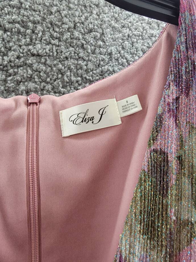 Eliza J Shimmer Belted Maxi Dress Women's 8 Pink Multi Sleeveless Zip Closure