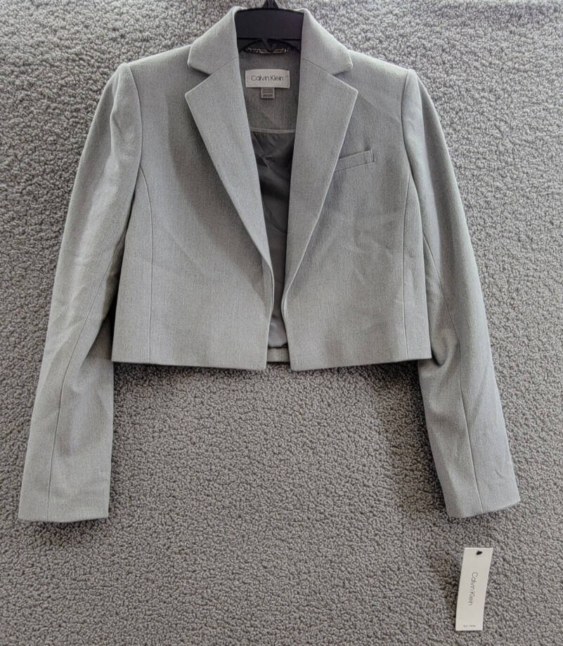 Calvin Klein Petite Cropped Open-Front Blazer Womens 2P Gray Heather Long Sleeve
