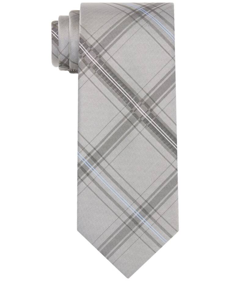 Calvin Klein Silk Slim Plaid Tie Men's One Size Gray Blue Pointed Design