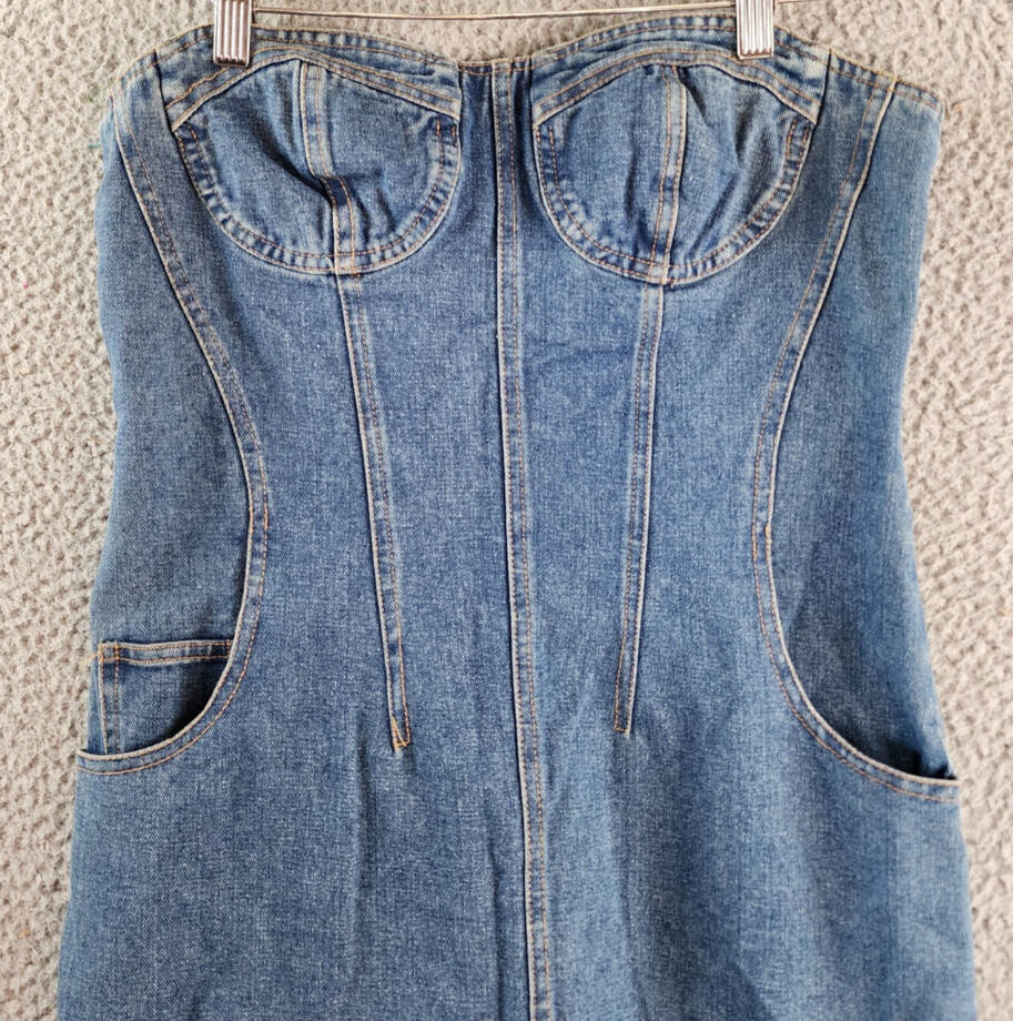 Another Mode Denim Mini Dress Women's L Blue Two Side Slant Pocket Strapless