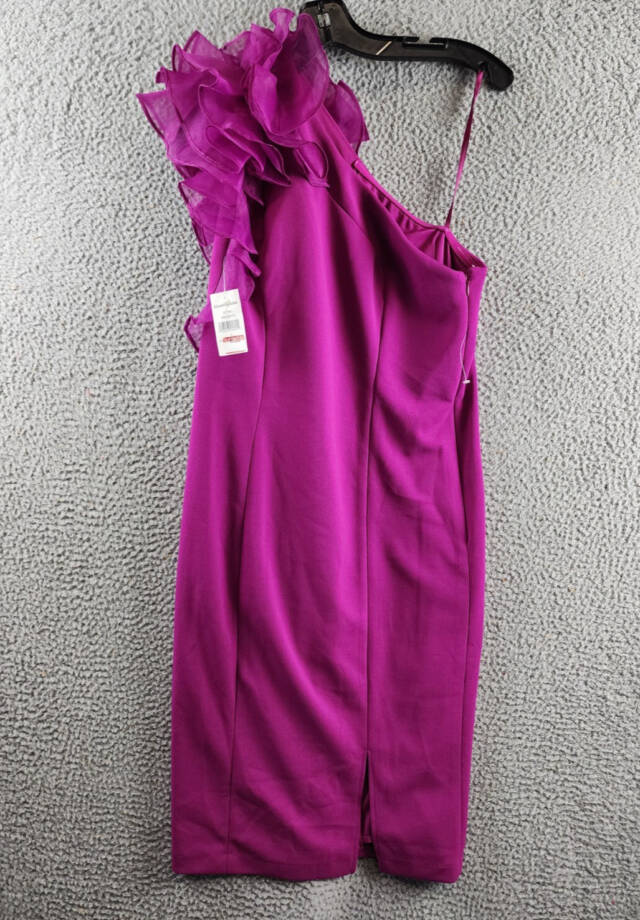 Marina Ruffled One Shoulder Sleeveless Sheath Dress Women's 4 Magenta Side Zip