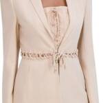 BCBGMAXAZRIA Linen Blend Lace Up Blazer Women's S Sand Long Sleeve Tie Closure