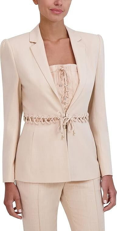 BCBGMAXAZRIA Linen Blend Lace Up Blazer Women's S Sand Long Sleeve Tie Closure