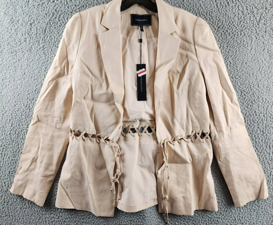 BCBGMAXAZRIA Linen Blend Lace Up Blazer Women's S Sand Long Sleeve Tie Closure