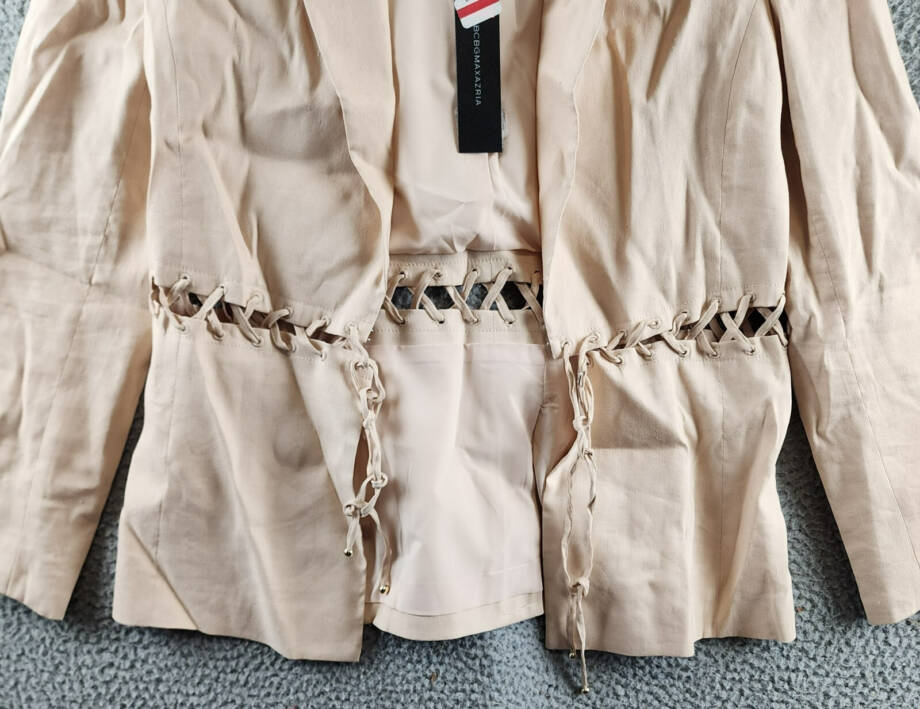BCBGMAXAZRIA Linen Blend Lace Up Blazer Women's S Sand Long Sleeve Tie Closure